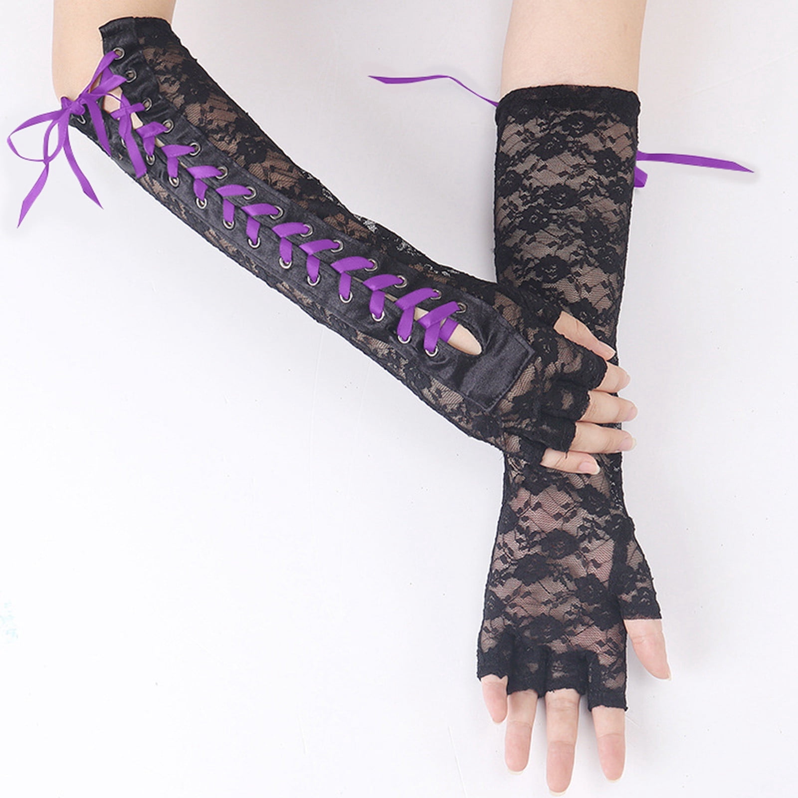 GPOECD Fingerless Gloves Elbow Length Lace Arm Warmers Gothic