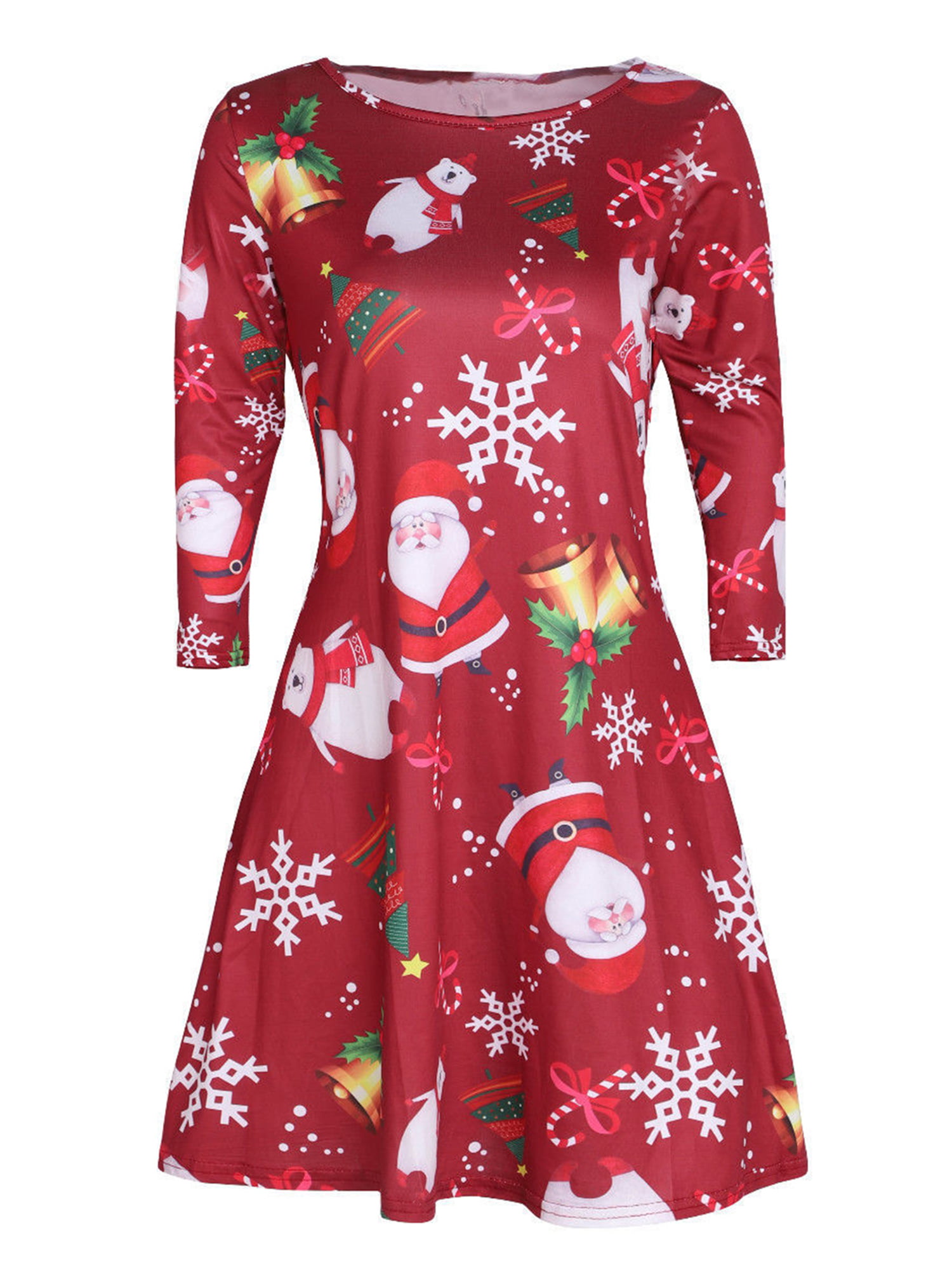 Women's Christmas Santa Skater Long Sleeve Swing Xmas Dress Evening Party Gown 