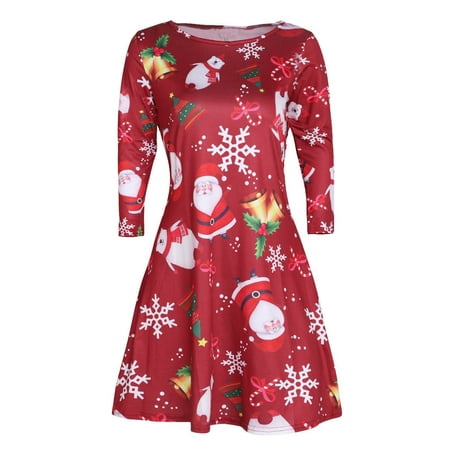 Plus Size Women Xmas Christmas Santa Snowman Reindeer Swing Skater Party Midi Dress Crewneck Flared A Line Short Dresses
