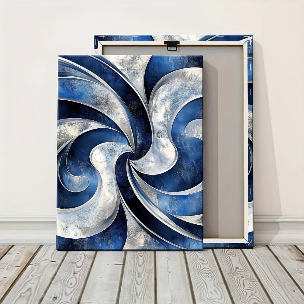 1 Item Abstract Swirls in Blue And Silver Canvas Poster with Wooden Frame - Modern Art Deco Style Wall Decor, Waterproof, Easy to Hang, Suitable for Living Room, Bedroom, Home Office - Unique Gift