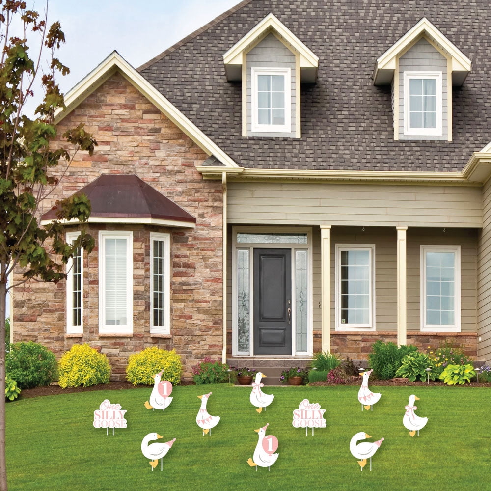 Big Dot of Happiness One Silly Goose Pink Outdoor Decorations, Girl 1st Birthday Party Lawn Ornaments, Goose-Themed Yard Signs with Stakes - 10 Piece Set