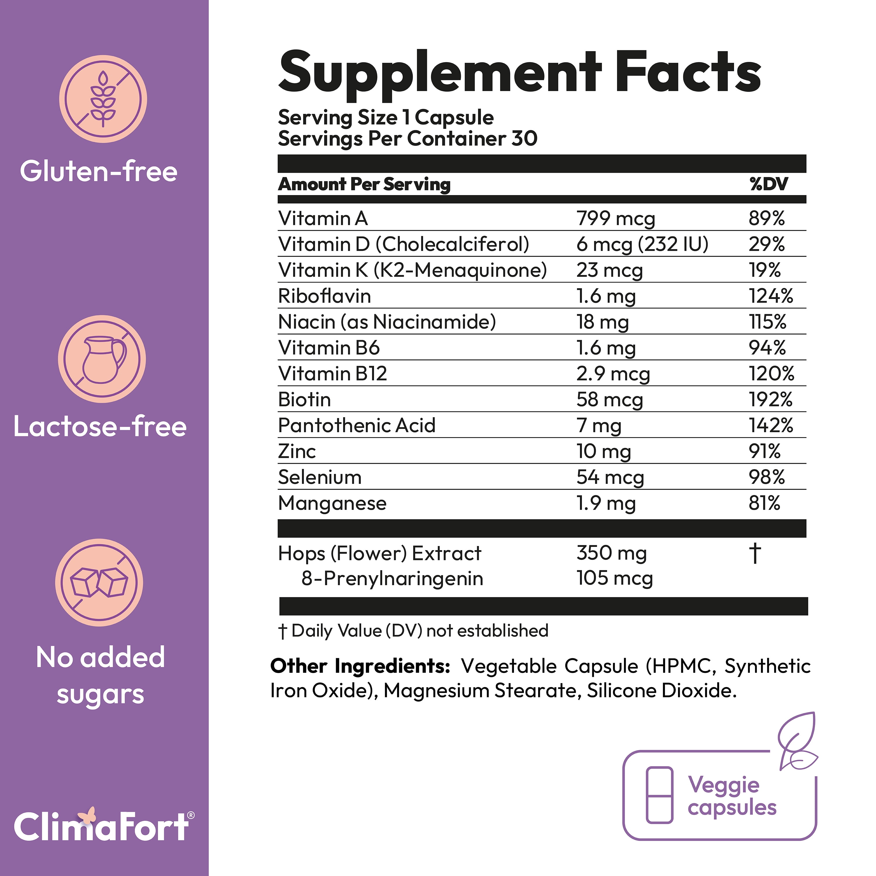ClimaFort Menopause Support | Helps with Hot Flashes, Night Sweats, Mood Swings | Hormone-Free Menopause Relief Pills for Women | Hops, Vitamins & Minerals | 30 capsules | 1 Capsule Daily