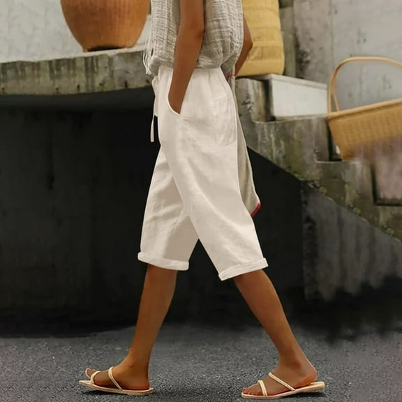 Lroveb Capri Pants for Women, Womens High Waisted Linen Pants, Knee Length Short Pants Ladies Loose Drawstring Casual Solid Color Shorts Beige