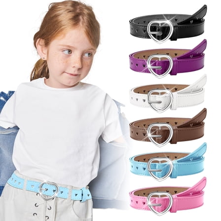 Amaopus 6 Pcs Girls Belt, Kids PU Leather Waist Belt, Hollow Heart Design Metal Buckle for Girl Dress, Pants, Jeans