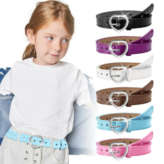 Amaopus 6 Pcs Girls Belt, Kids PU Leather Waist Belt, Hollow Heart Design Metal Buckle for Girl Dress, Pants, Jeans