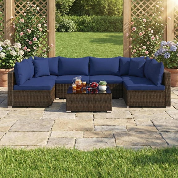 Topcobe 7 Pieces Patio Rattan Furniture Set with Sectional Sofa Cushions, Outdoor Patio Furniture for Garden Backyard Pool Deck-Navy