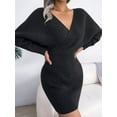 thumbnail image 5 of Women'S Cocktail Batwing Long Sleeve Wrap Knit Sweater Mini Dress Black L, 5 of 9