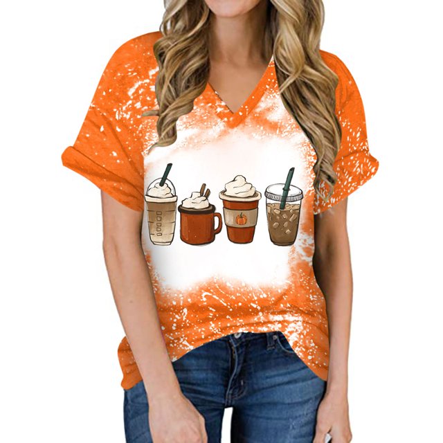 Camiseta con cuello en V para mujer Camiseta con estampado de Halloween Camiseta de manga corta Tops Pompotops hkajfhjk473027