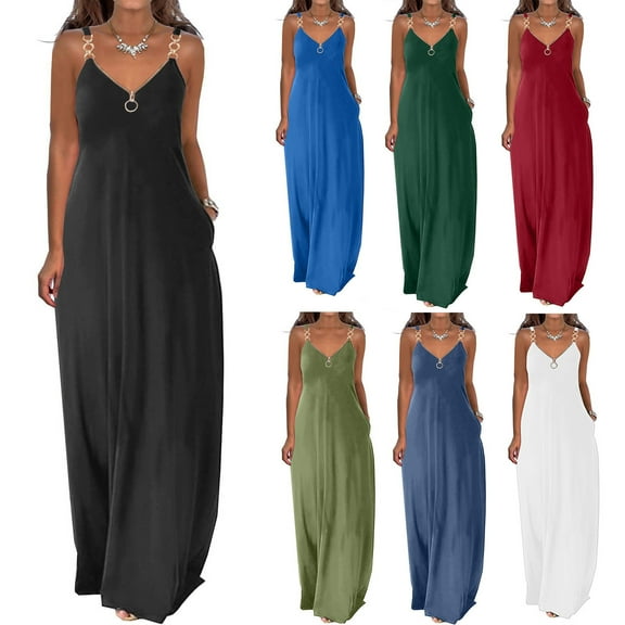 Jacenvly New Plus Size Summer Dresses Summer Dresses for Women Casual Boho Solid Color Hoop Sling Beach Long Maxi Dress with Pockets Breathable Leisure Hawaiian Dresses for Women Green