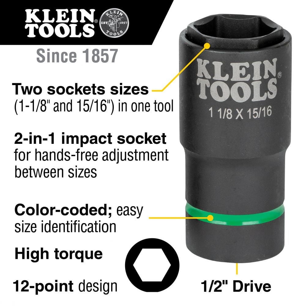 Klein Tools 66066 1-1/8 in. and 15/16 in. 2-in-1 6-Point Impact Socket