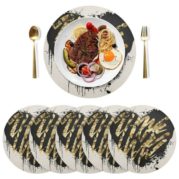 Black Striped Heart Black Round Placemats Plate Mats 15 Inch Non-Slip Heat Resistant Washable PVC Set Indoor for Kitchen Dining Table 1PC
