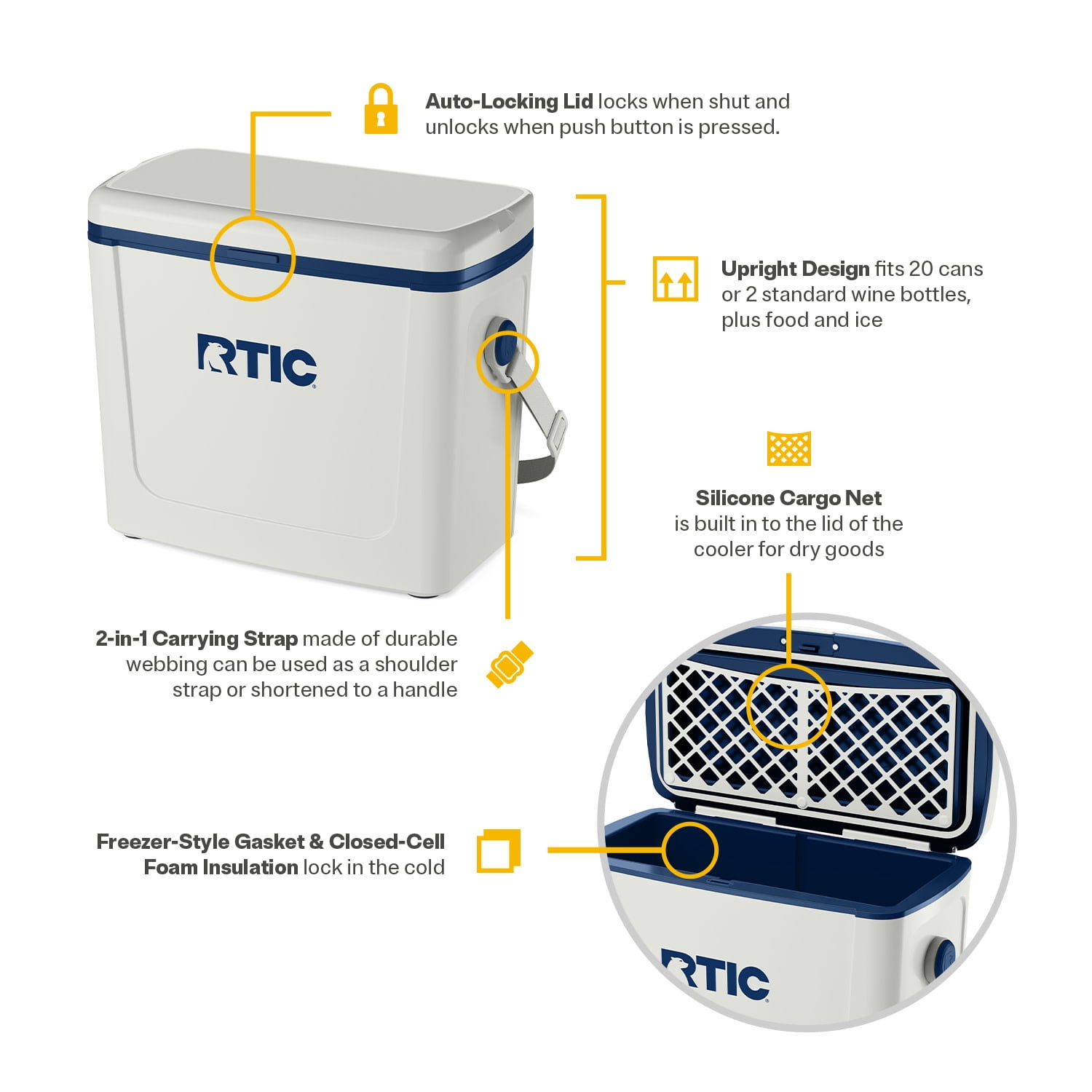 RTIC 16 QT Hard-Sided Ice Chest Cooler, Fits 20 Cans, Road Trip, Cool Grey & Navy