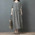 thumbnail image 2 of SMihono Fashion Women's Cotton Linen Dress Summer Short Sleeve Casual Plaid Flowy A-Line Midi Dresses with Pockets Black XXL, 2 of 9