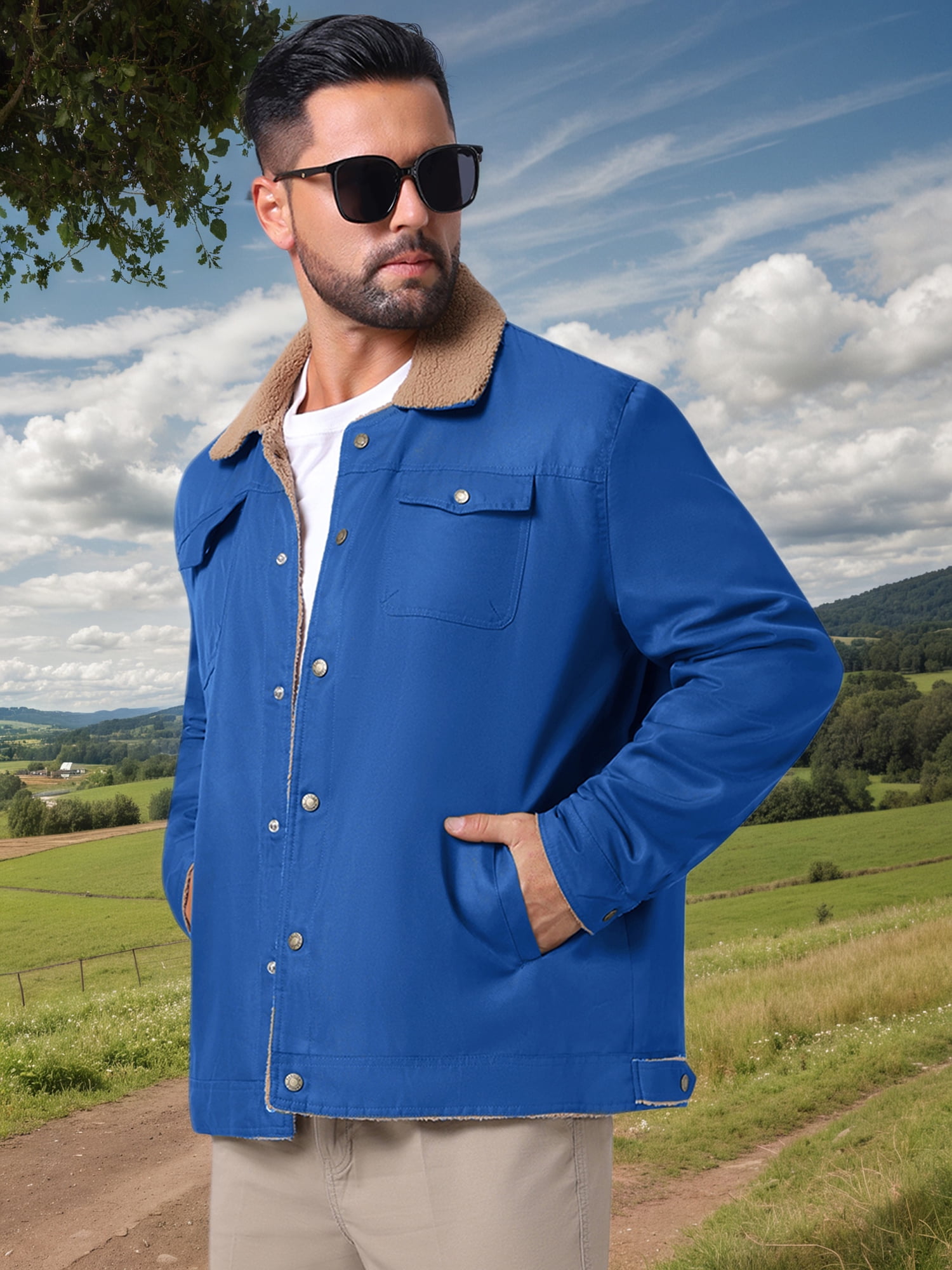 DARING DIVA Collared Button Front Fleece Lining Cargo Trucker Jacket M Blue