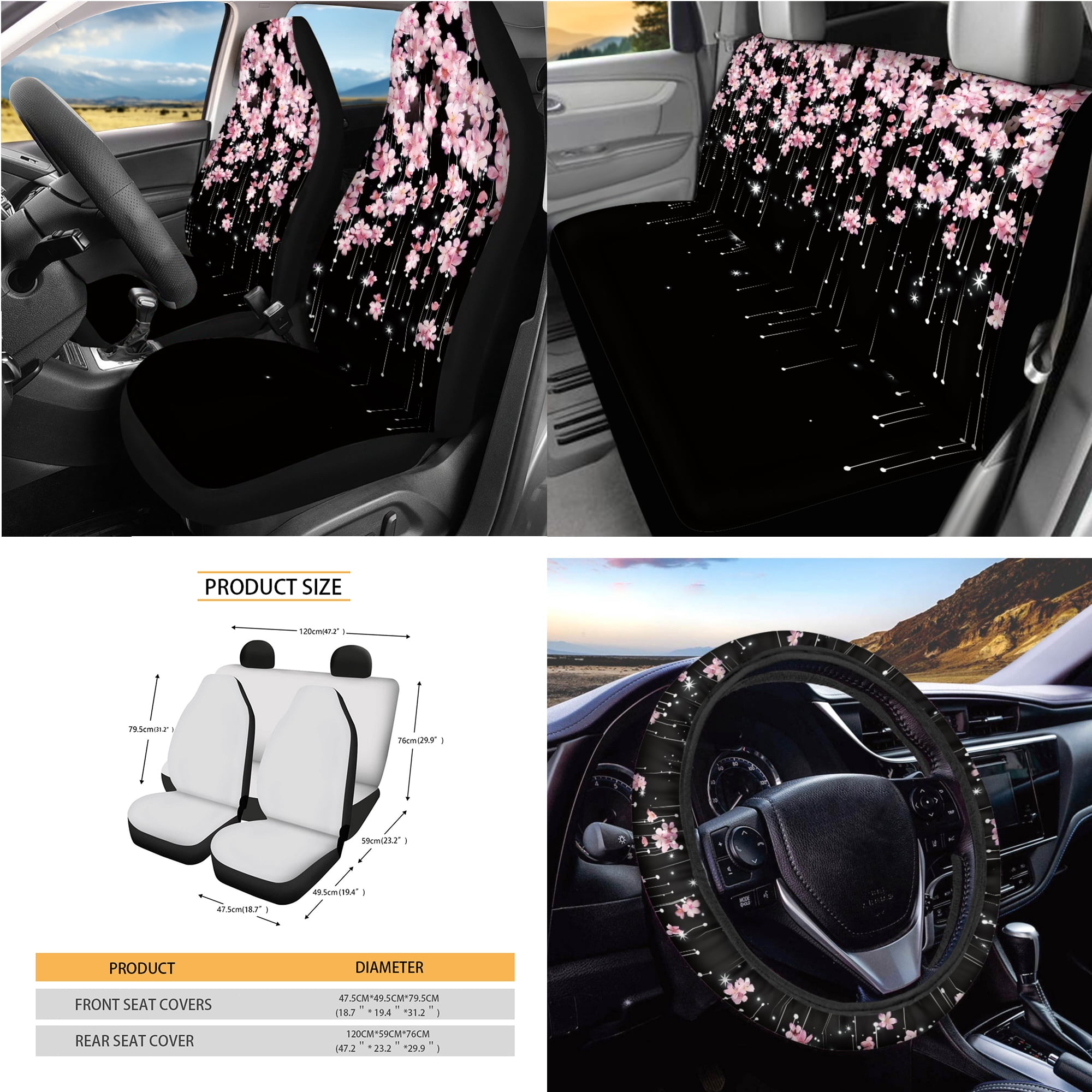 Yuyamidu Cherry Blossom Car Seat Cover Set of 15 Pink Steering Wheel Cover Seat Belt Strap Cover Trash Cans Rear View Mirror Cover Cup Coaster Keychain Air Vent Storage Bag Universal Fit