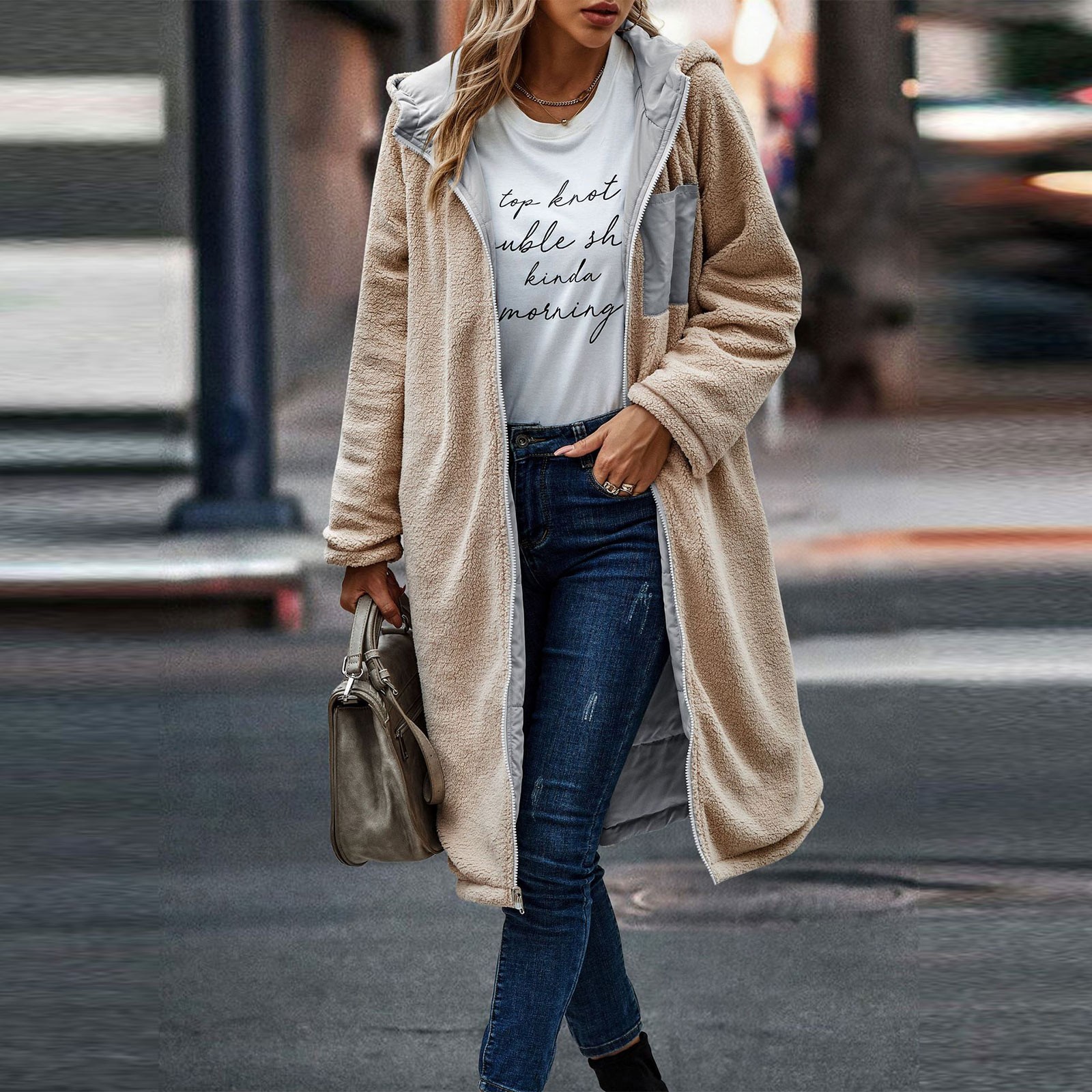 Fleece Jacket Women Long Puffer Coat Women Oversized Reversible Jackets Shearling Hooded Winter Fashion Coat Clothes Blue M