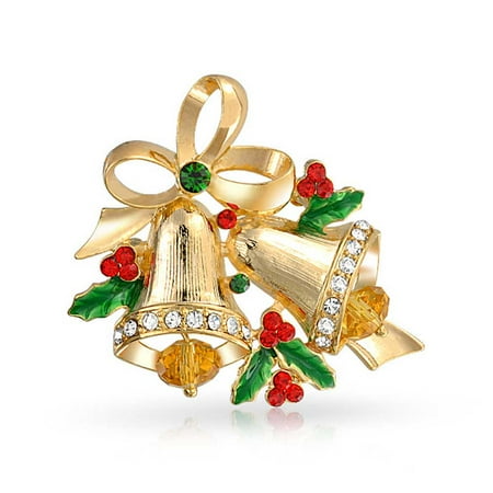 Large Round Brooch Large Holiday Decorated Christmas Bells Holly Brooch Pin For Women Red Green Crystal Gold Plated Alloy ()