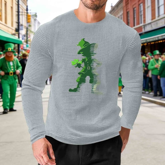 Awdenio Mens Shirts St. Patrick's Day Printed Waffle Casual Shirts Crew Neck Loose Pullover Tops Trendy Fashion Long-Sleeve Sweatshirts