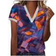 thumbnail image 2 of Hauts d'Été pour Femmes 2023 Mode Oversize Col en V Patchwork en Dentelle Manches Courtes Blouse Décontractée Chemises Col en V en Dentelle pour Femmes, 2 of 5
