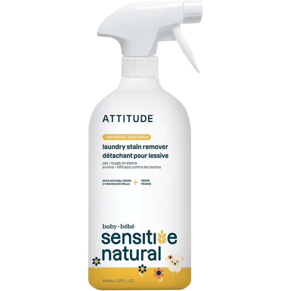 ATTITUDE Détachant pour Tissus pour Vêtements de Bébé, Ingrédients d'Origine Végétale et Minérale, Produits de Lessive Véganes et Sans Cruauté, Hypoallergénique, Peau Sensible, Sans Parfum, 800 ml
