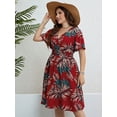thumbnail image 5 of FlorCurve Plus Size Dresses for Women Short Sleeve Surplice V Neck Midi Dress A-Line Floral Print Summer Casual Beach Sundress, Red XL, 5 of 7