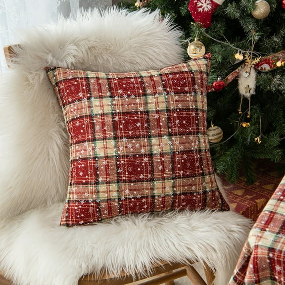 Rosnek 2 Pack Christmas Snowflake Plaid Pillow Cover Scottish Tartan Checks Cushion Cover Decorative Throw Pillow Case, 18''x 18''