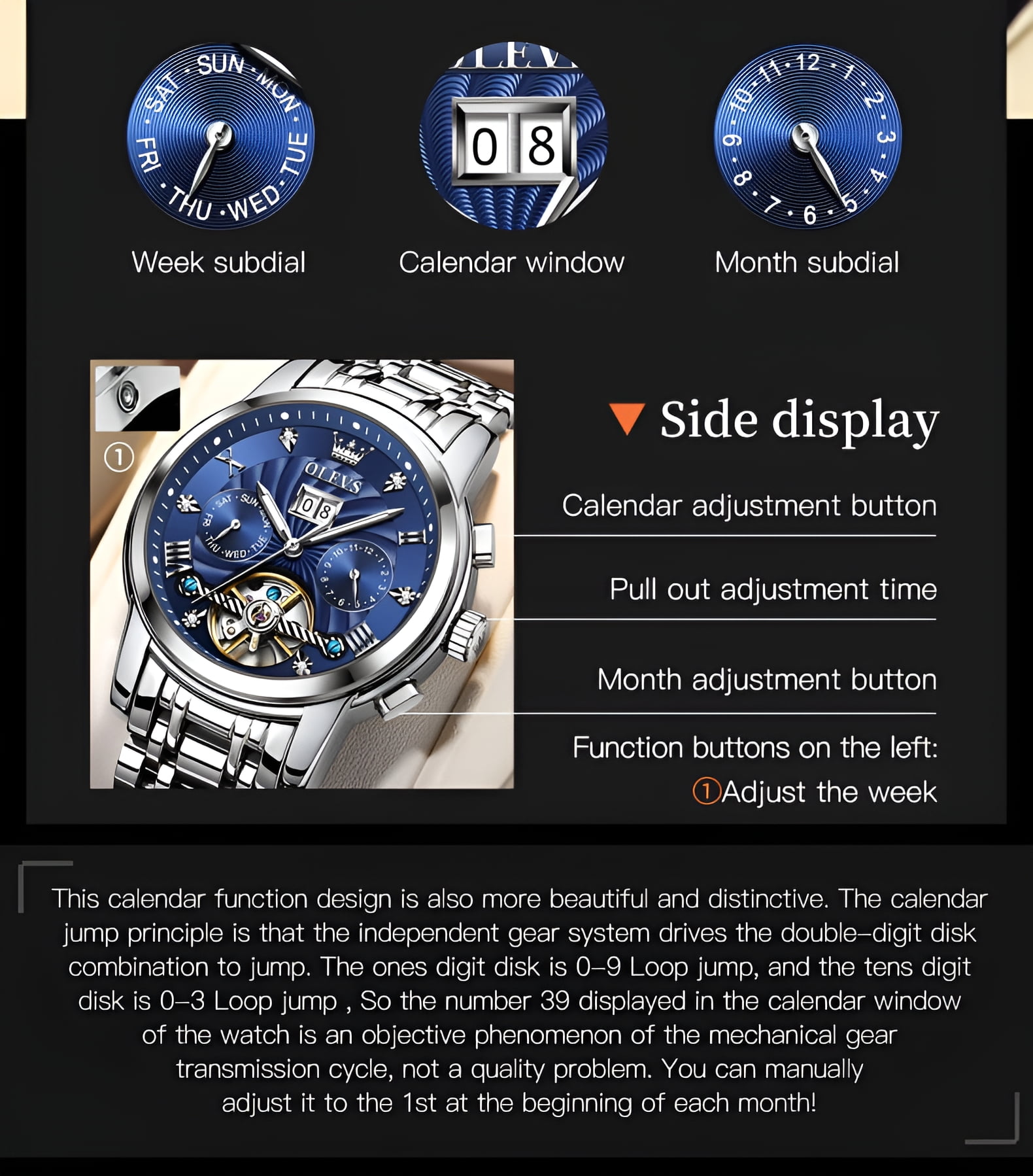 OLEVS Watch for Men Automatic Skeleton Tourbillon Mechanical Self Winding Business Luxury Dual Calendar Stainless Steel Luminous Waterproof Man Wrist Watches Blue Dial