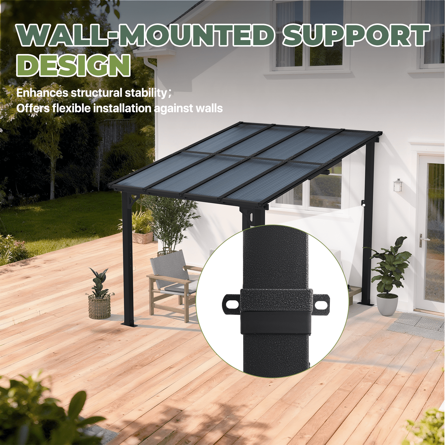 BaPiPro 8x10 ft Wall-Mounted Hardtop Gazebo with Polycarbonate Roof, Aluminum Frame, Outdoor Patio Cover for Poolside or Backyard, UV Resistant