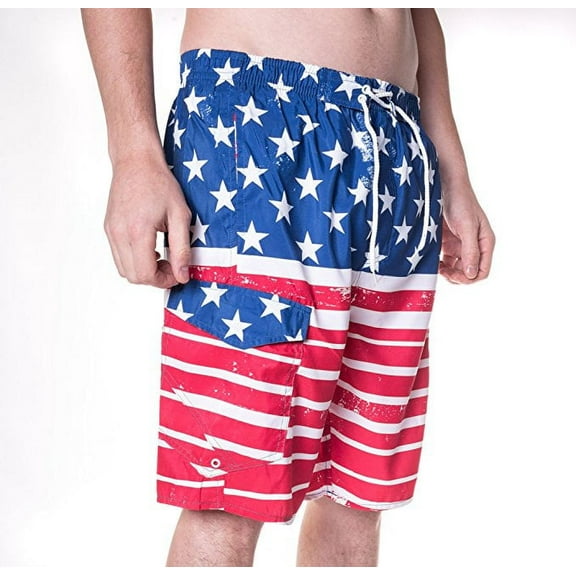 North 15 Men's USA American Flag Swim Trunk Boardshorts with Cargo Pokcet-7110-Print1-Md