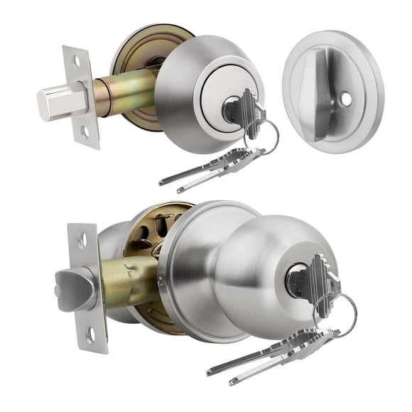 Keyed Alike Exterior Door Knob, Round Outdoor Lock with One Sided Deadbolt, Stainless Steel, Satin Nickel Door Knobs, Silver Door Handle Sets, 10 Pack