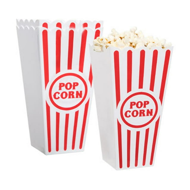 4 Pcs Plastic Red & White Striped Classic Popcorn Containers for Movie Night - 4" Square x 8" Deep
