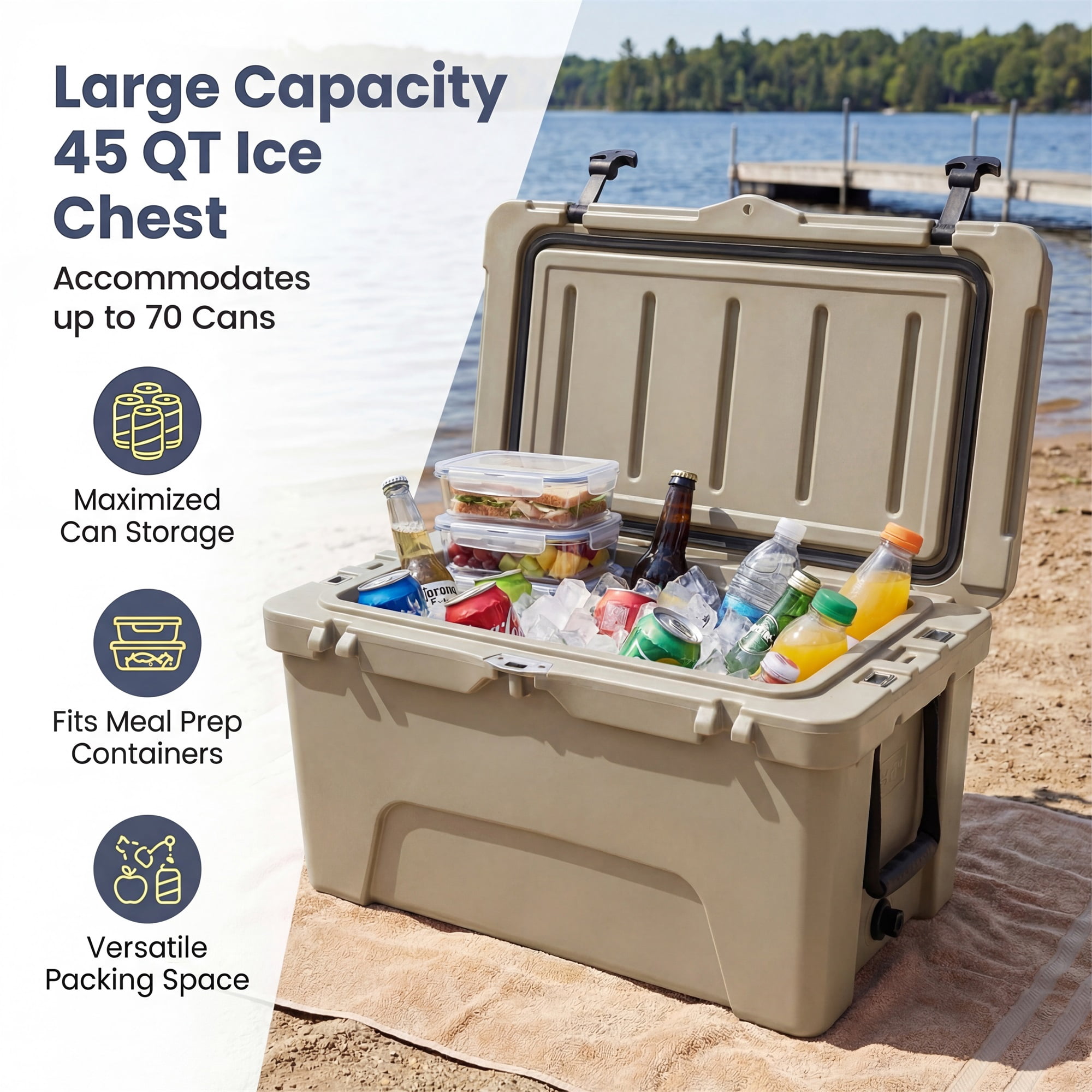 ELLEGNT 45 Quart Hard Cooler - Portable Ice Chest, 6‑Day Ice Retention, Khaki