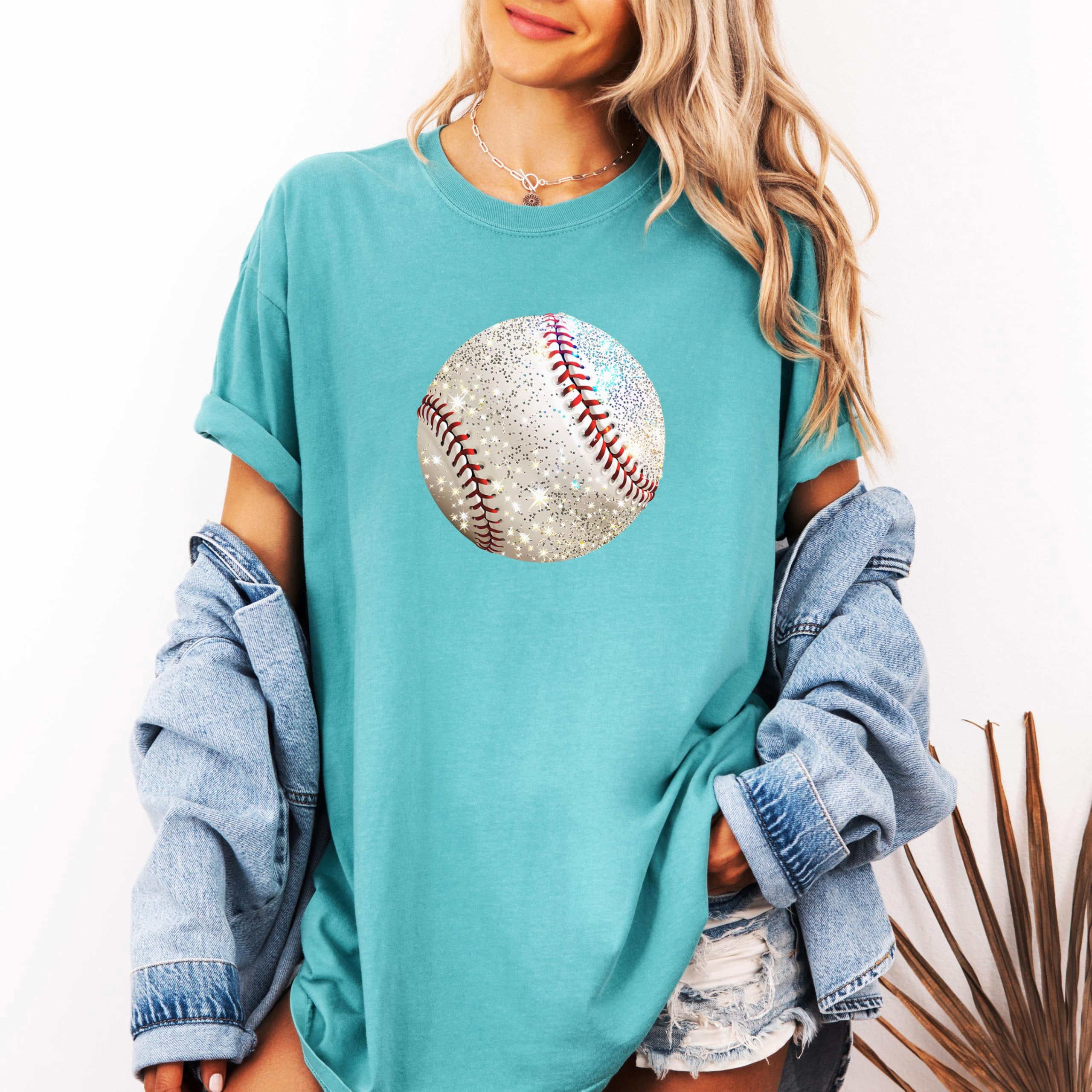 Glitter Baseball Shirt for Women and Teens Girly Baseball Fan Oversized Tee Seafoam Shirt Adult Medium