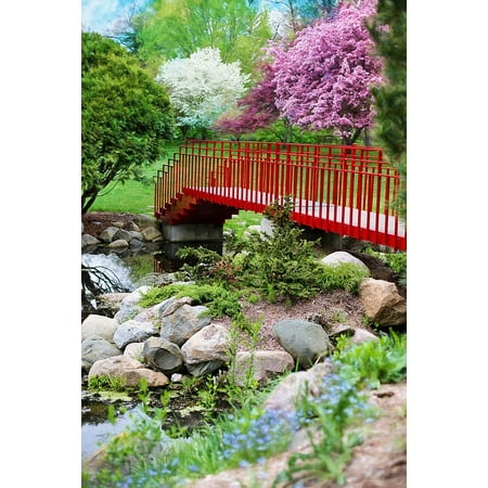- LAMINATED POSTER Red Flowering Trees Pink Spring Pink Trees Bridge Poster 24x16 Adhesive Decal