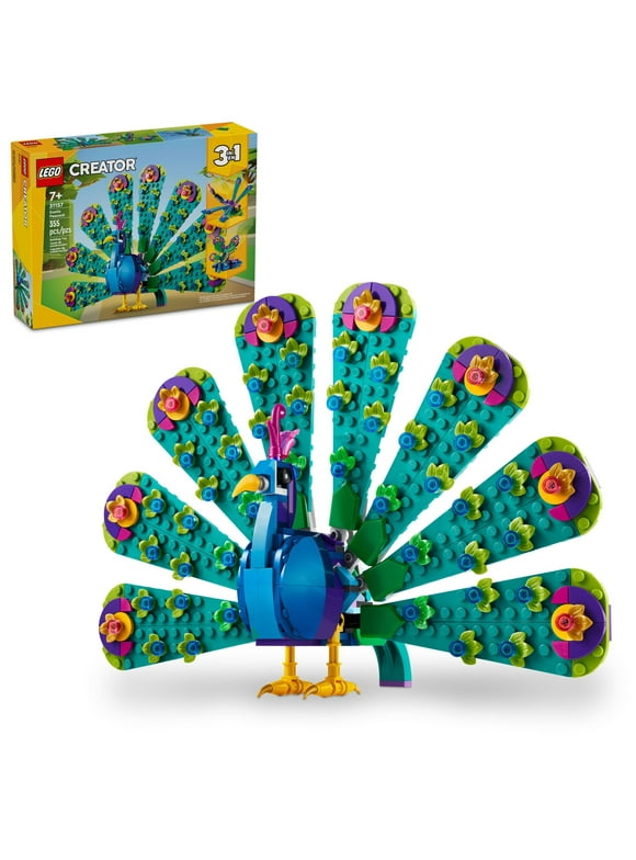 LEGO Creator 3 in 1 Exotic Peacock Toy, Transforms from Peacock to Dragonfly to Butterfly Toy, Play-and-Display Gift Idea for Boys and Girls Ages 7 Years Old and Up, Bird Toy, 31157