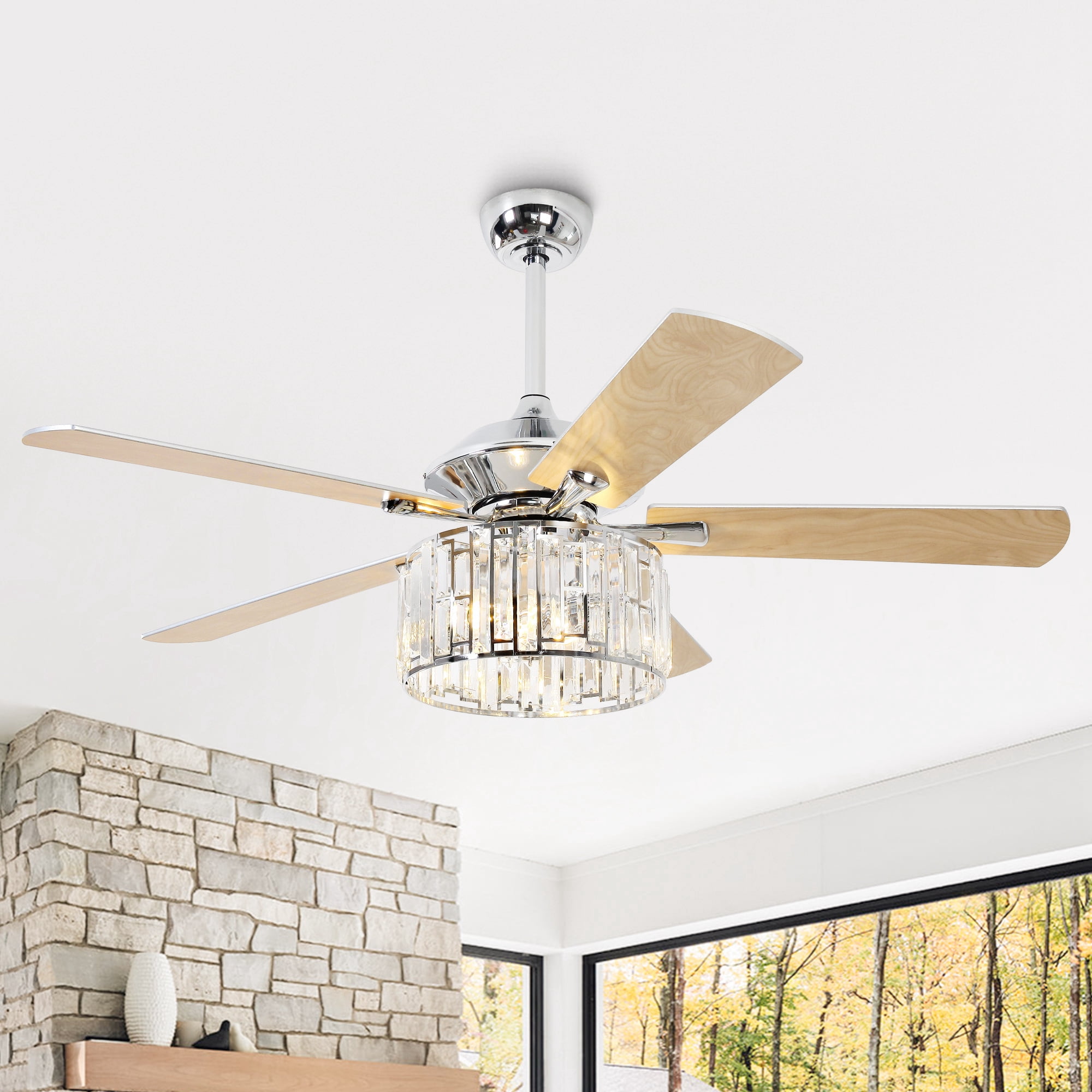 Parrot Uncle 52" Crystal Chandelier Ceiling Fan with Remote and Lights, Double-Sided Blades Fandelier, Chrome