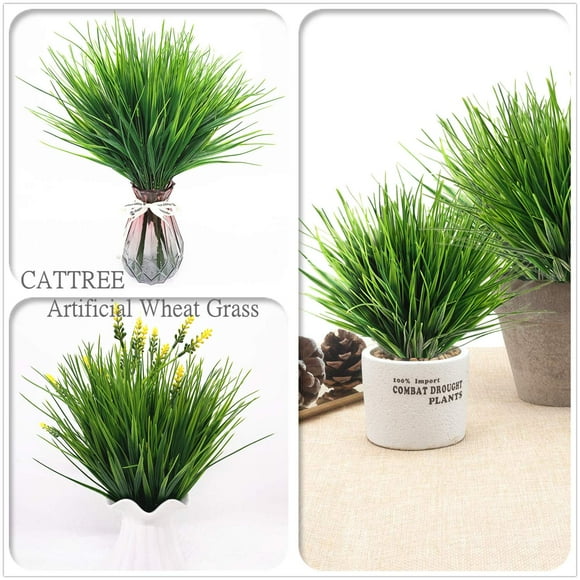 CATTREE Artificial Shrubs Bushes Plastic Wheat Grass Green Leaves Fake Plants for Indoor Outdoor Home Garden Verandah Kitchen Office Wedding Arrangements Christmas Decoration 8 Pack