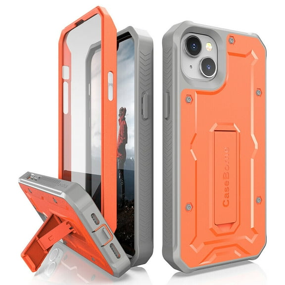 CaseBorne V Series Case Compatible with iPhone 14 Plus - Military Grade Full-Body Rugged with Kickstand and Built-in Screen Protector - Orange