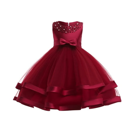 

Kukoosong Toddler Baby Girls Dress Solid Color Pearl Net Yarn Bowknot Birthday Party Flowers Gown Kids Dresses Wine 7-8 Years