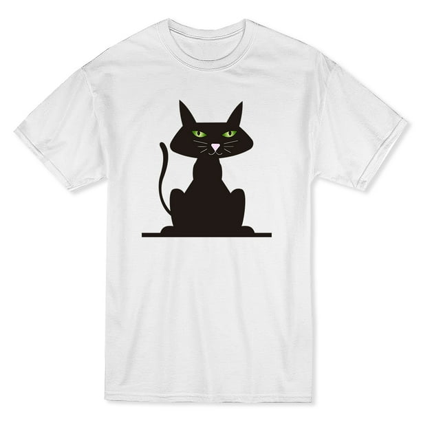 Chat Noir Mignon avec des Yeux Verts T-shirt Blanc Graphique devant Moyen Hommes