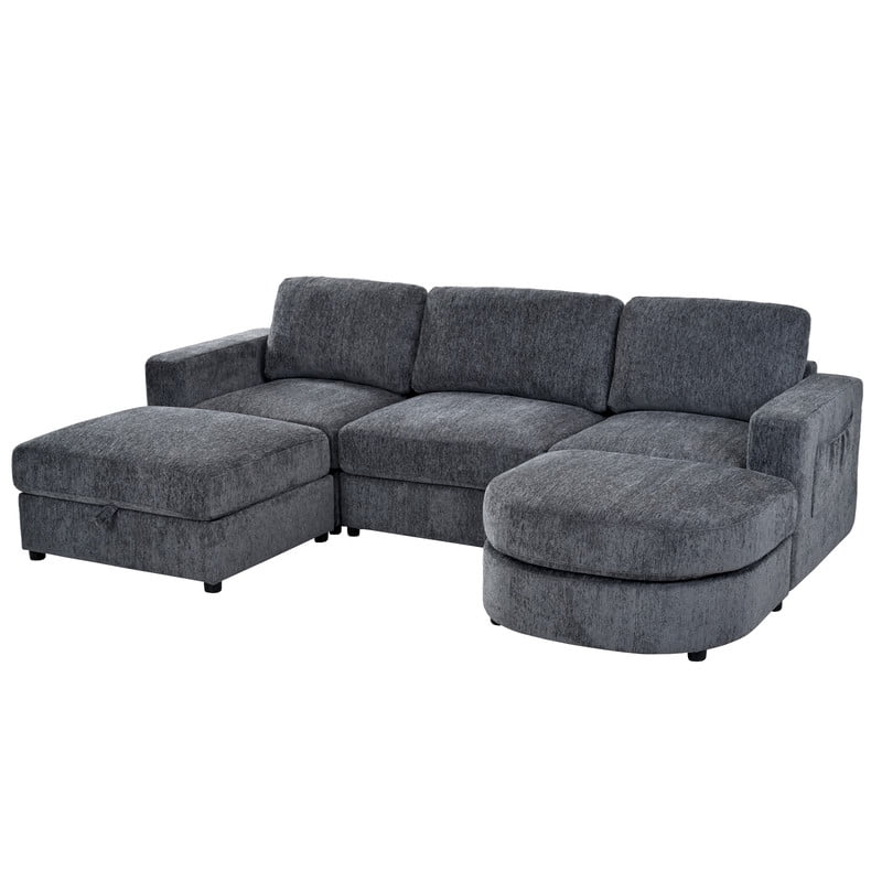 102.4" U-Shaped Modular Sectional Sofa with 2 Movable Ottomans, Chenille Fabric Couch with Storage Ottoman, Drop-Down Console with 2 Cup Holders, Solid Pine Wood Frame for Living Room