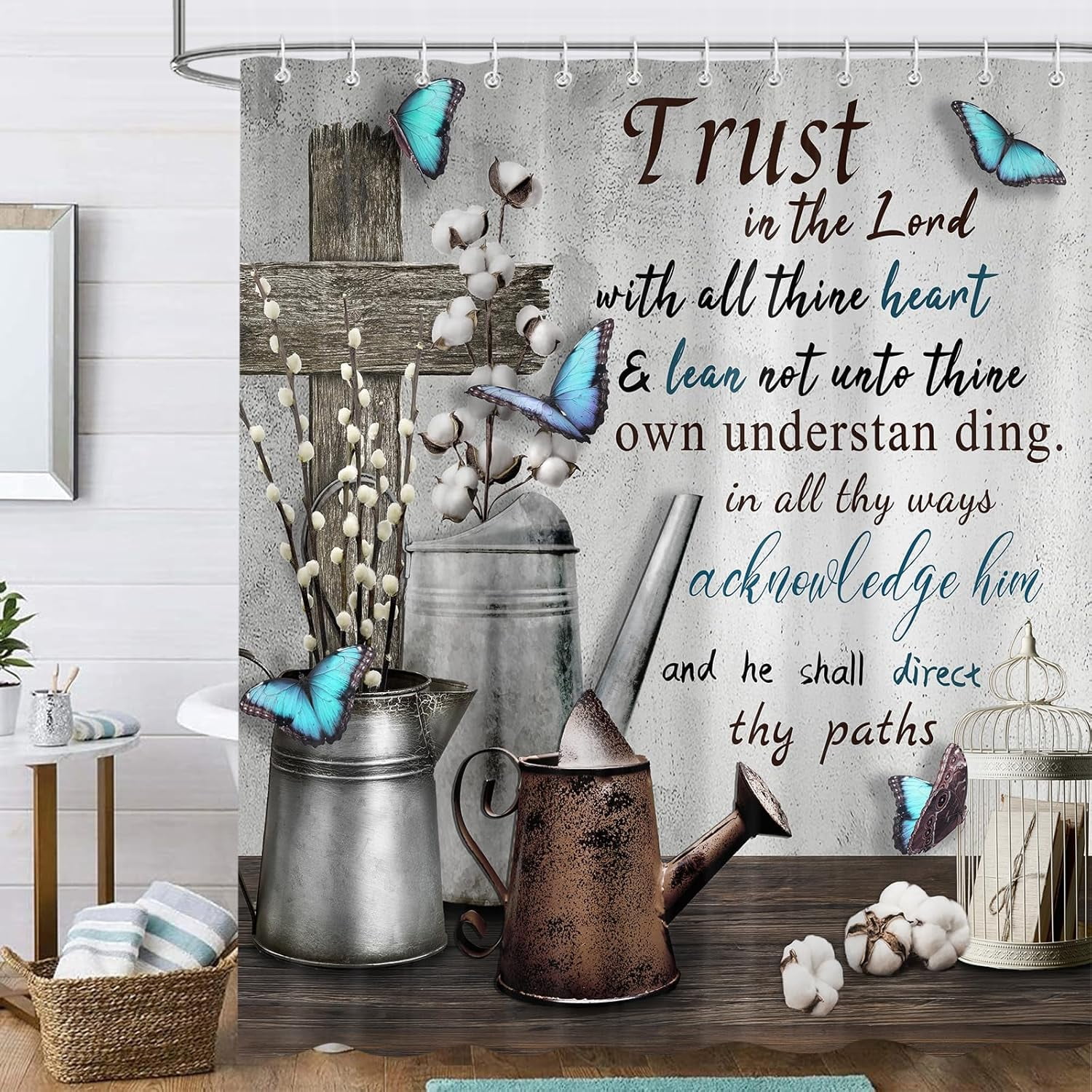 Rustic Farmhouse Shower Curtain,Bible Verse Inspirational Quotes Country Farm Bath Curtains,Grey Vintage Waterproof Fabric Bathroom Decor Set with Hooks-60"W x 72"L (Pack of 1)