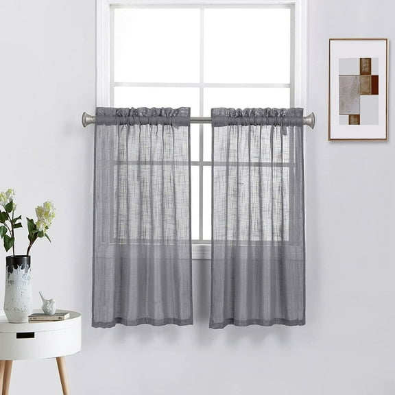 Rod Pocket Tier Curtains Faux Line Ligth Filtering 2 Piece Set for Bathroom Laundry Door Curtains, Gray, 45" Long