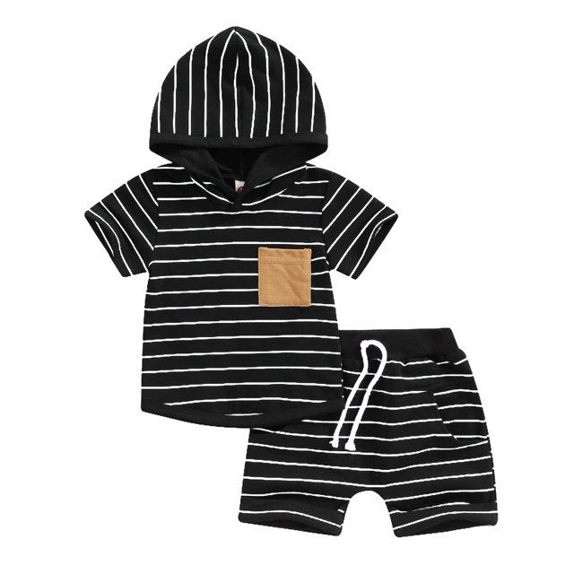Sudadera Con Capucha Y Pantalones Cortos Baby Boy Sudadera con capucha a rayas Top + Pantalones cortos Patchwork con capucha + Pantalones cortos (Negro 18-24M) Cgtredaw Para estrenar