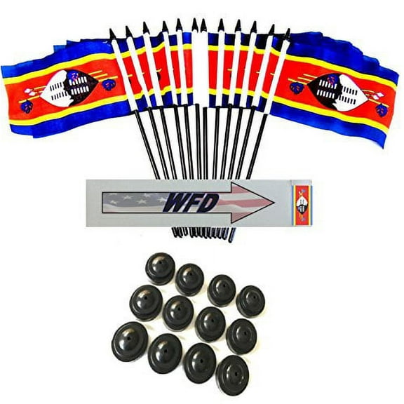 Pack of 12 4"x6" Swaziland Polyester Miniature Office Desk & Little Table Flags, 1 Dozen 4"x 6" Swaziland Small Mini Handheld Waving Stick Flags with 12 Flag Bases (Flags with Stands)
