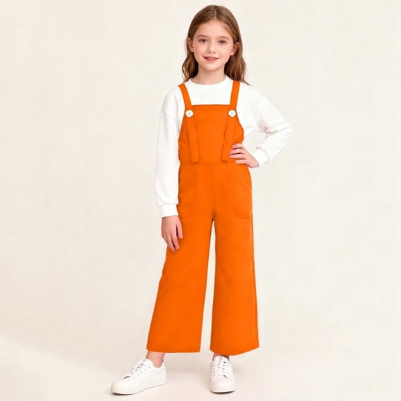 hengsof Girls Cotton Overalls Kids Cute Adjustable Straps Wide Leg Jumpsuit with Pockets 2-15 Years
