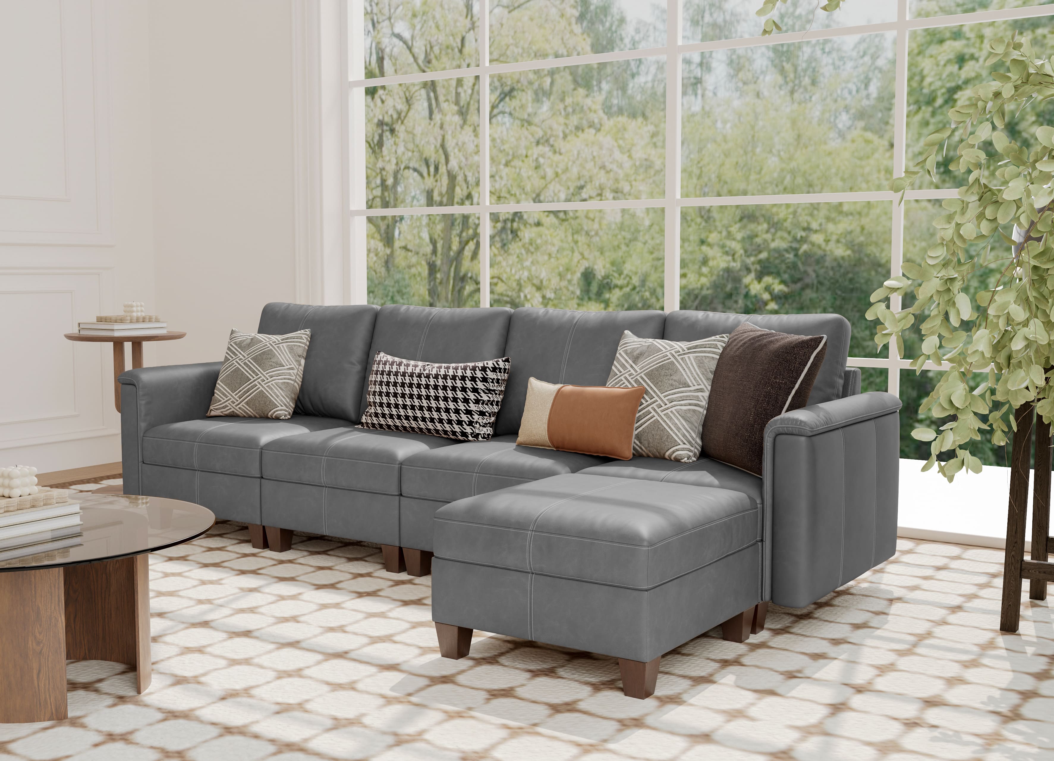 SITJOY 118" Faux Leather Modular Sectional Couches with Storage, Convertible 5 Seat L-Shaped Sectional Sofa with Ottoman for Living Room, Gray