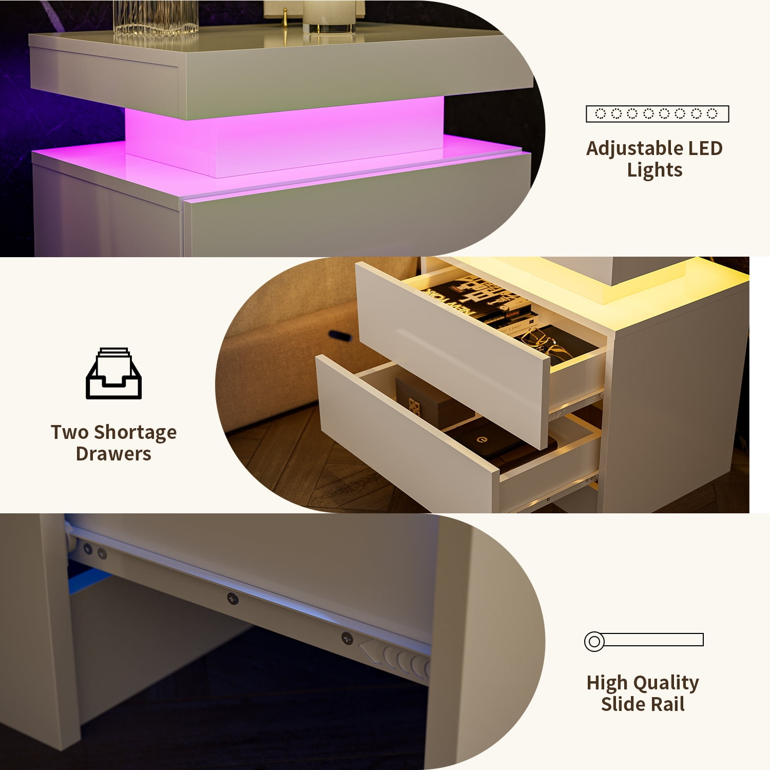 Cubehom LED Nightstand Set of 2 Modern Wood Bedside Table with 2 Drawers Table for Adults Bedroom Room White