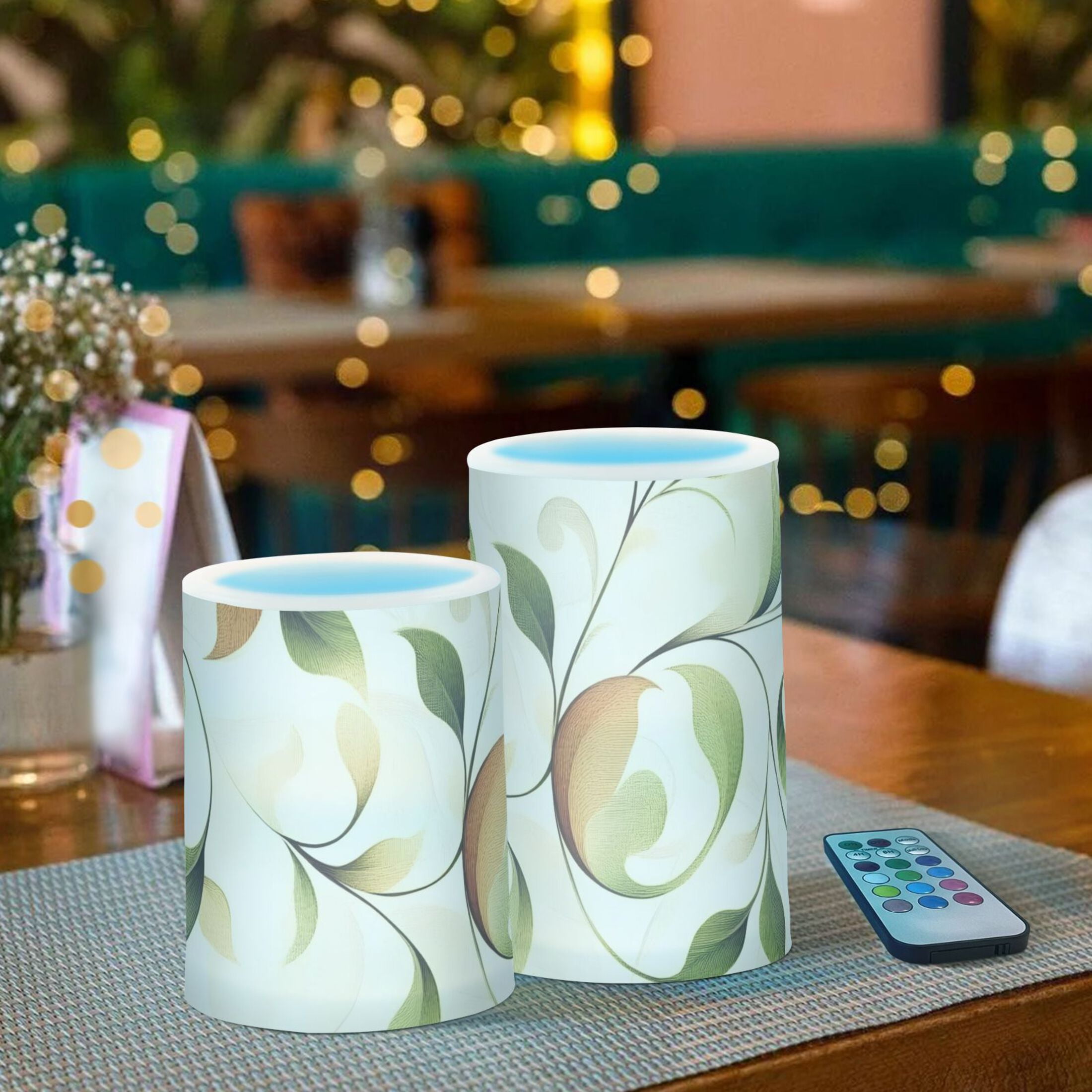 Simple Leaf Lines Flickering Flameless Candles Battery Operated with Remote Timer LED Pillar Candles Set of 2