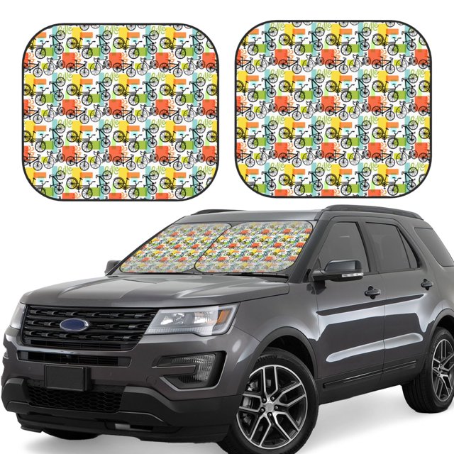 Disketp Retro Bike Pattern 2 Piece Windshield Sunshades,Folding Windshield Sun Shade for Car SUV Trucks Sedan,Blocks UV Rays Sun Visor Protector-Large